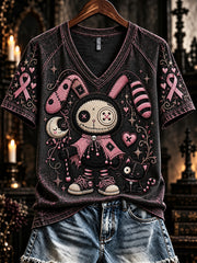 Femme Vintage Rose Patchwork Lapin Poupée avec Chat Noir Imprimer V-cou T-shirt à manches courtes