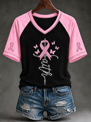 T-shirt femme à manches courtes Faith rose avec ruban pour le cancer du sein