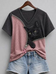Peeking des femmes noir chat rose ruban fermeture à glissière contraste couleur impression t-shirt à manches courtes