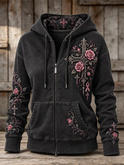 Femmes Vintage Rose Ruban Gothique Croix & Roses Imprimé Floral Full Zip Hoodie