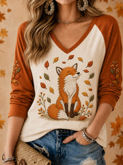 T-shirt décontracté à manches longues pour femme, motif renard mignon, collection Automne