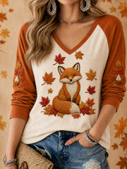 Bonjour automne mignon Fox Print Casual T-shirt à manches longues pour femmes