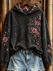 Sweat à Capuche Femme Vintage Gothique Croix & Rose Ruban Roses Imprimé Dentelle Florale