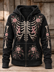 Sweat à capuche zippé intégral pour femme, style vintage, motif floral rose avec ruban et imprimé squelette