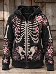 Vintage Floral Rose Ruban Squelette Imprimer Full Zip Hoodie des femmes