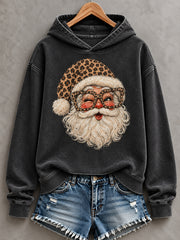 Sweat à capuche décontracté à imprimé léopard Père Noël pour femmes