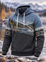 Sweat à capuche surdimensionné à épaules tombantes pour homme, style vintage, motif pêche en pleine nature, avec poches