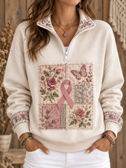 Sweat-shirt imprimé floral de style bohème pour femmes, en soutien à la sensibilisation au cancer du sein