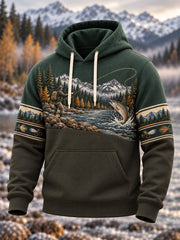 Sweat à capuche surdimensionné à épaules tombantes pour homme, style vintage, motif pêche en pleine nature, avec poches
