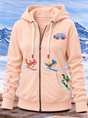 Sweat à capuche zippé pour femme avec imprimé mignon de chat sur le thème du ski