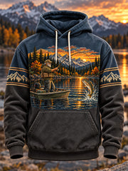 Sweat à capuche surdimensionné à épaules tombantes pour homme, style vintage, motif pêche en pleine nature, avec poches