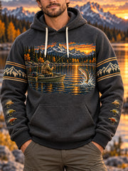 Sweat à capuche surdimensionné pour hommes Vintage Wilderness Fishing avec poches