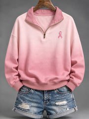Motif de ruban de charité rose des femmes Gradient Design Casual Half-Zip Sweatshirt