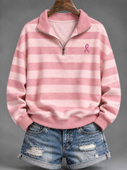 Sweat-shirt décontracté à demi-zip pour femmes à rayures roses et à motif de ruban de charité rose