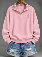 Sweat-shirt à demi-zip décontracté à motif de ruban de charité rose et rose pour femme