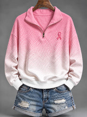 Femmes Rose Charité Ruban Motif Dégradé Rendu Conception Casual Demi-Zip Sweatshirt