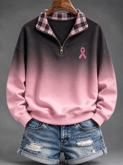 Femmes Rose Charité Ruban Motif À Carreaux Patchwork Dégradé Conception Casual Demi-Zip Sweatshirt