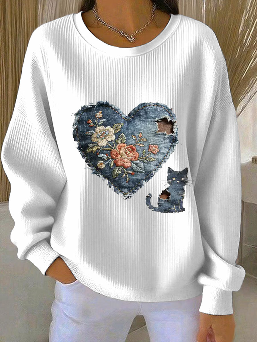 Patchwork Vintage de chat Imprimer Denim Patchwork Top des femmes