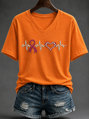 T-shirt Rose Femme à Col V, Motif Battement de Cœur et Ruban Rose, Manches Courtes, Soutien à la Lutte contre le Cancer du Sein