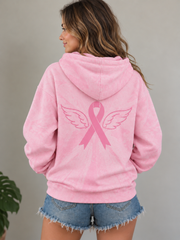 Sweat à Capuche Femme Rose Les Ailes de l’Espoir, Imprimé Recto Verso Papillon et Ruban Rose Ailé, Manches Longues, Sensibilisation au Cancer du Sein, motif animalier pour femme