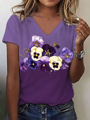 Women's Alzheimer's Purple Floral Print V-Neck T-Shirt 