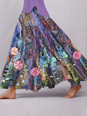 Women's Purple Floral Print Cotton and Linen Skirt 