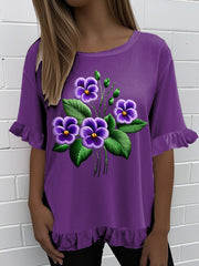 Women'S Retro Purple Floral Print Round Neck Ruffle Short Sleeve T-shirt 