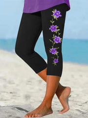 Women's Alzheimer's Purple Flower Print Awareness Support Cropped Leggings 