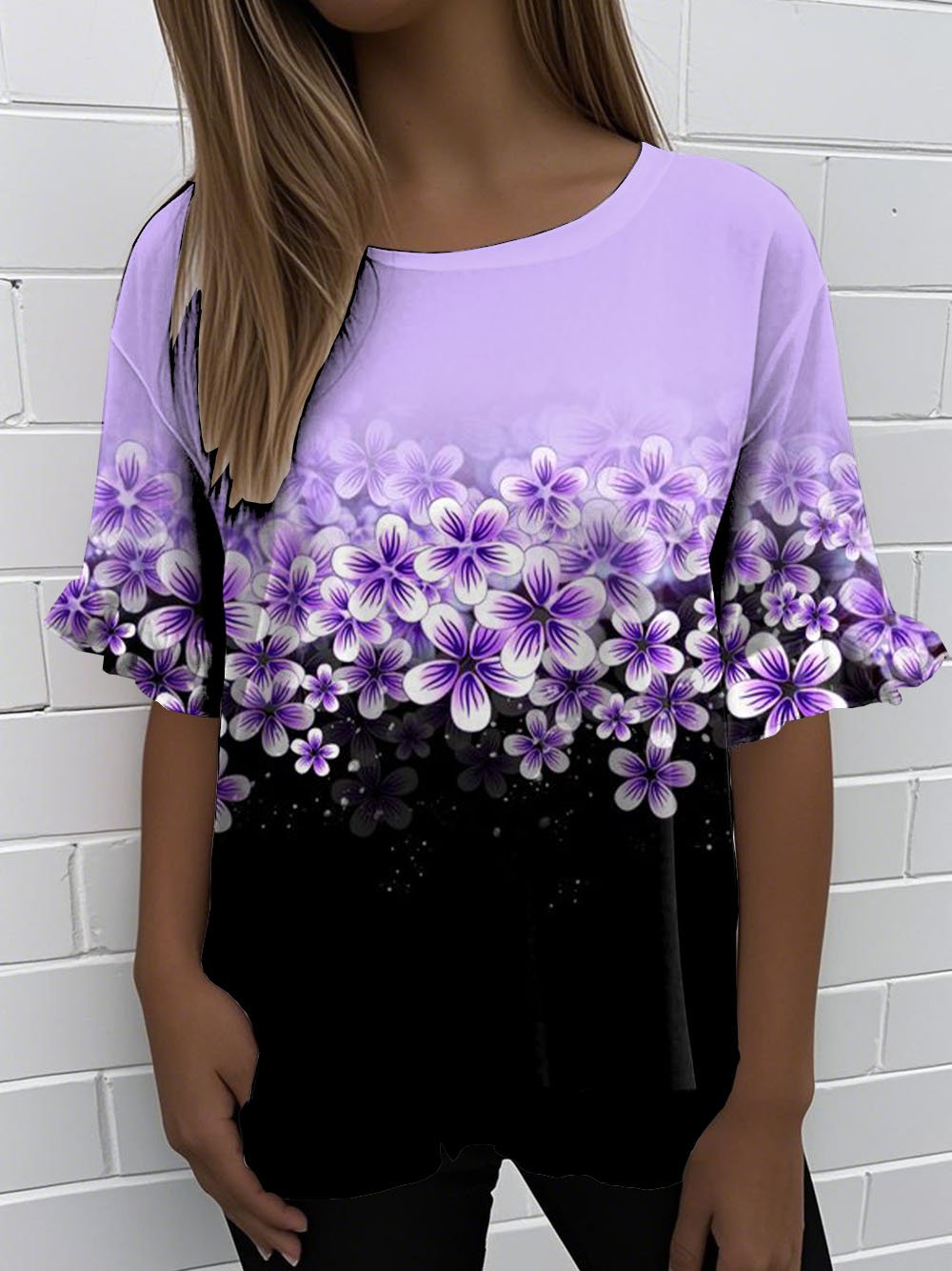 Women'S Retro Purple Floral Print Round Neck Ruffle Short Sleeve T-shirt 