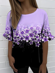 Women'S Retro Purple Floral Print Round Neck Ruffle Short Sleeve T-shirt 