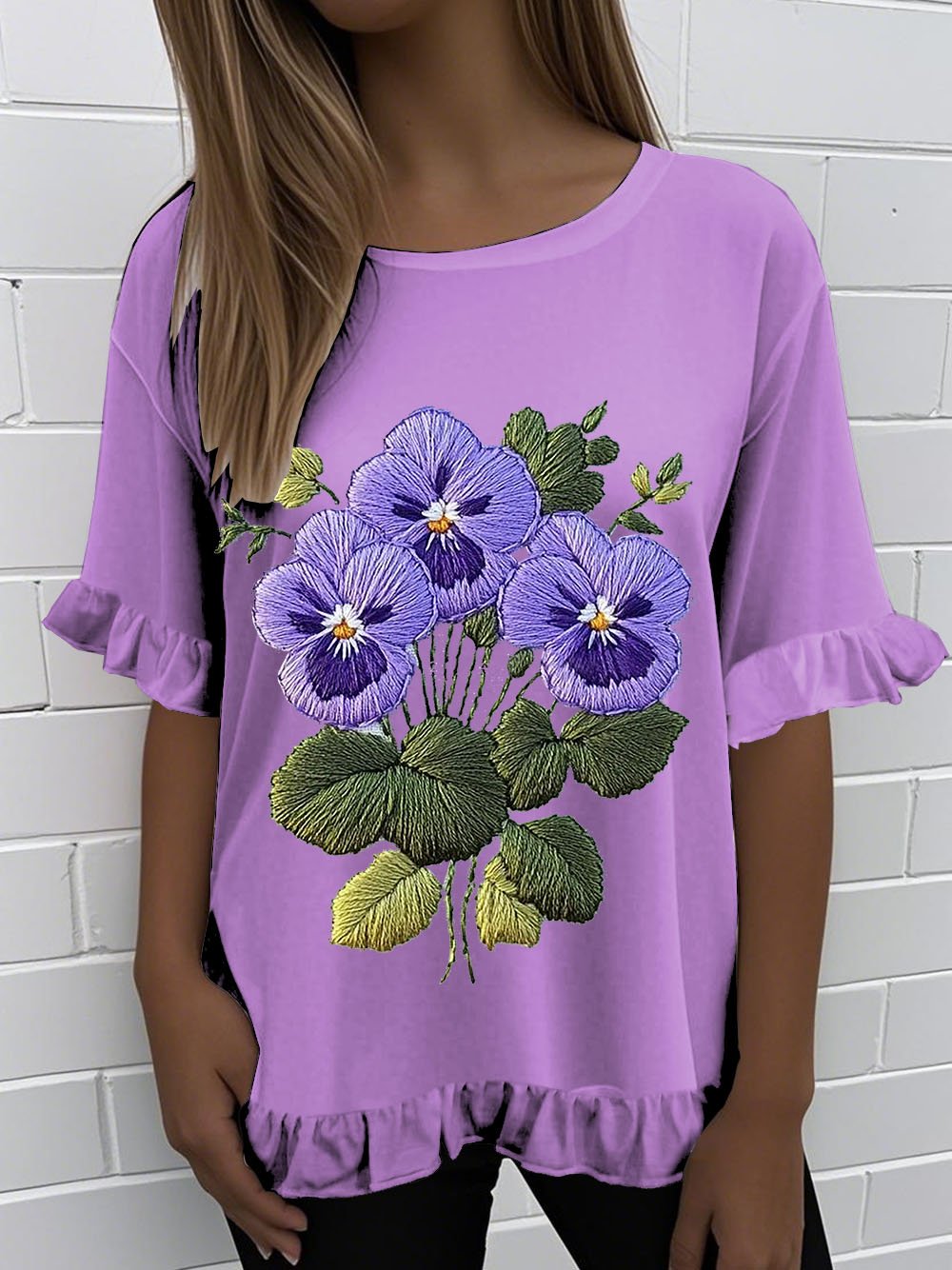 Women'S Retro Purple Floral Print Round Neck Ruffle Short Sleeve T-shirt 