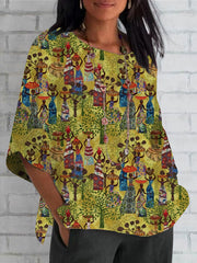 Retro Black Art Print Top Shirt imprimé pour femmes
