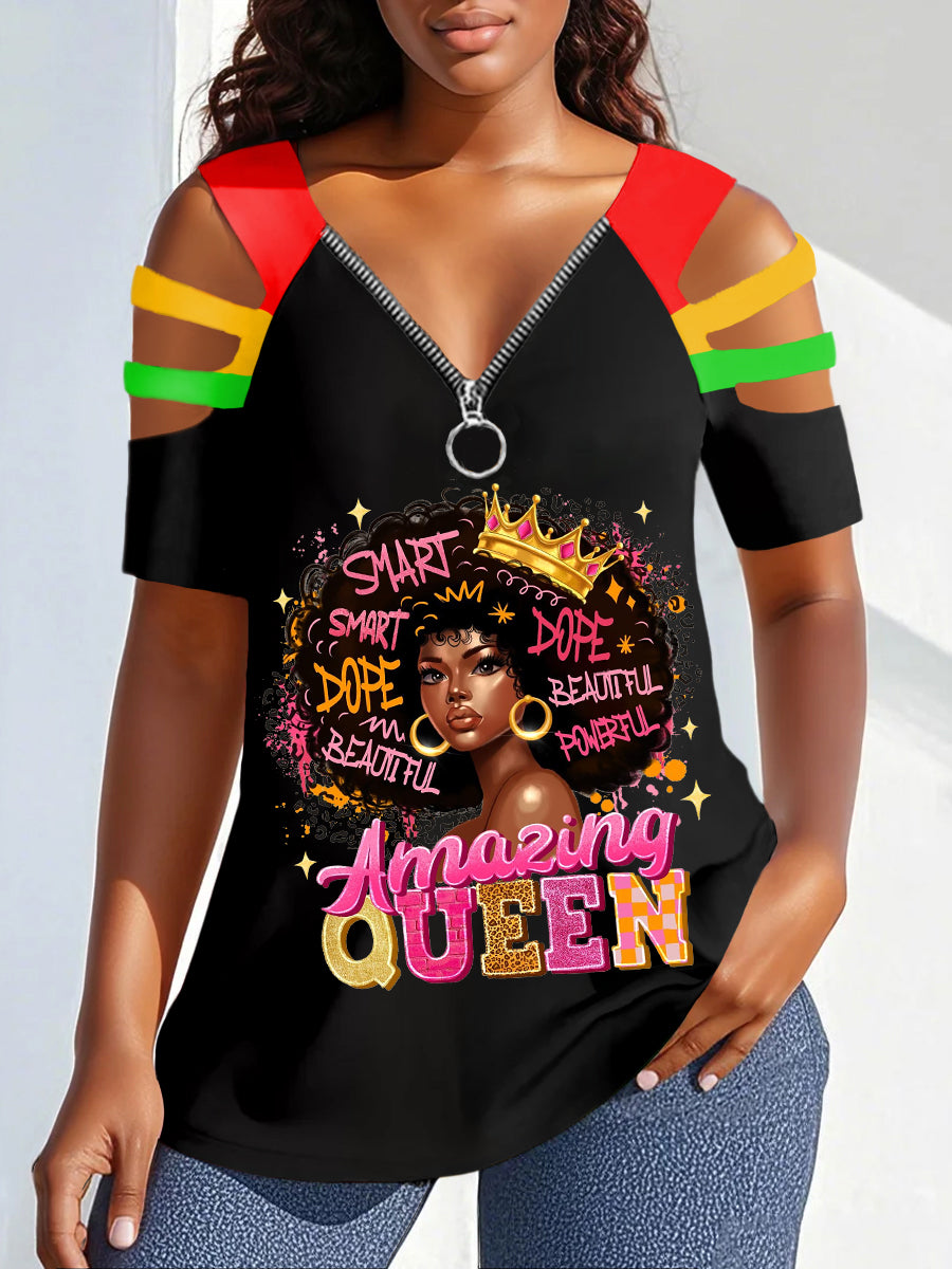 Imprimé V-Neck Zipper Off-Shoulder Tee des femmes