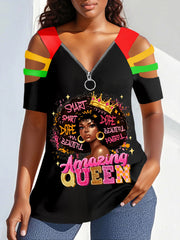 Imprimé V-Neck Zipper Off-Shoulder Tee des femmes