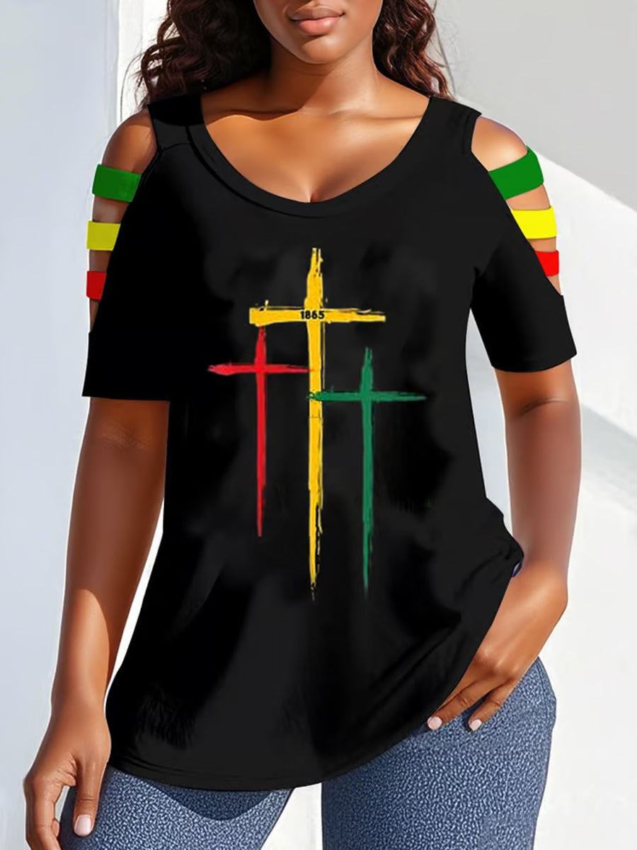Femmes Casual Noir  1865 Imprimer  Cross T-Shirt