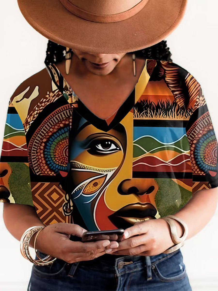 Femmes Noir  African Portrait Imprimer V-Neck T-Shirt