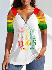 Imprimé V-Neck Zipper Off-Shoulder Tee des femmes
