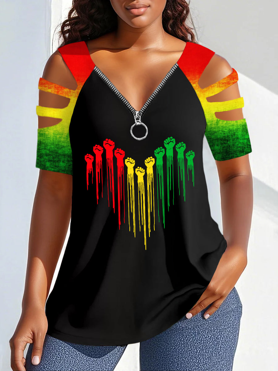 Imprimé V-Neck Zipper Off-Shoulder Tee des femmes