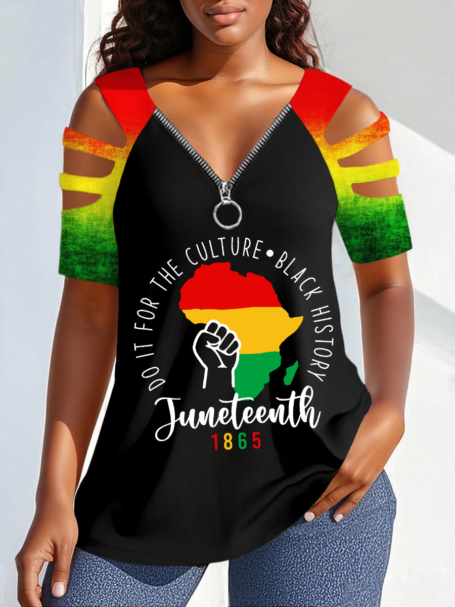 Imprimé V-Neck Zipper Off-Shoulder Tee des femmes