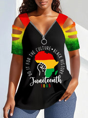 Imprimé V-Neck Zipper Off-Shoulder Tee des femmes