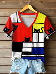 T-shirt à imprimé Cat Line Art Femme