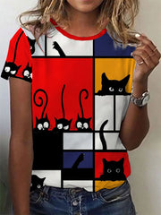 T-shirt à imprimé Cat Line Art Femme