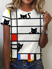 T-shirt à imprimé Cat Line Art Femme