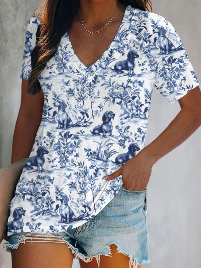 T-shirts Femme Teckel Imprimé Col V