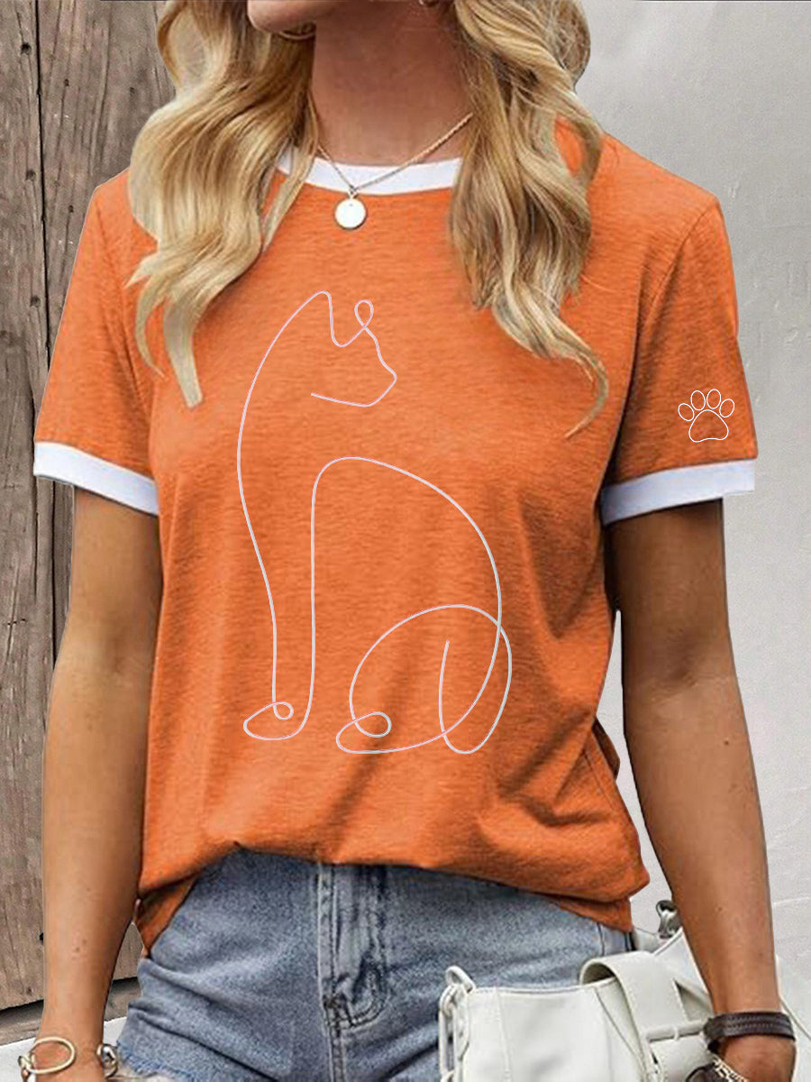 T-shirt Line Art Cat Print Femme