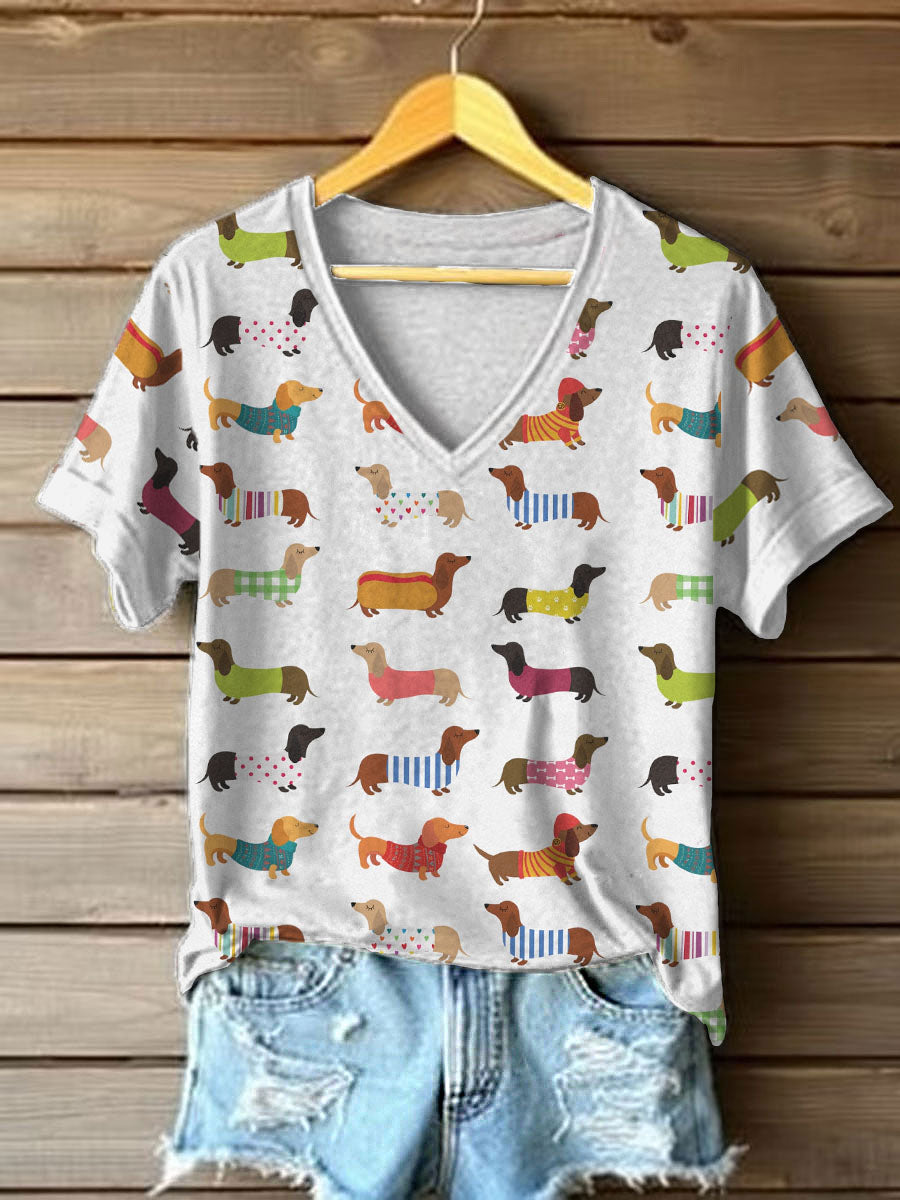 Drôle Teckel Art Imprimer V-Neck T-Shirt des femmes