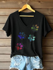 T-shirt à col en V imprimé patte colorée pour femmes