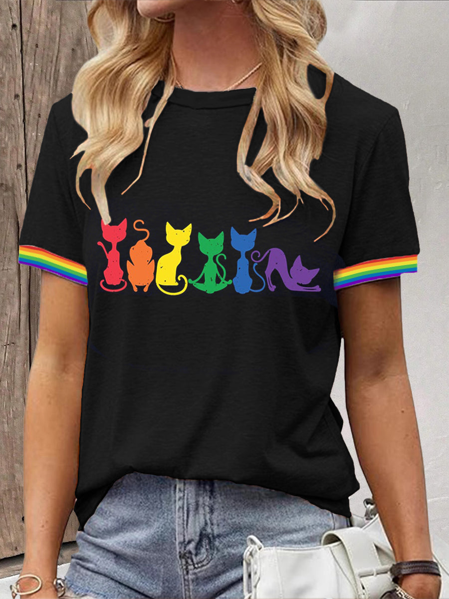 T-shirt à manches courtes Rainbow Cats Print Femme