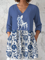 T-Shirt Femme Poodle Floral Coton Et Lin