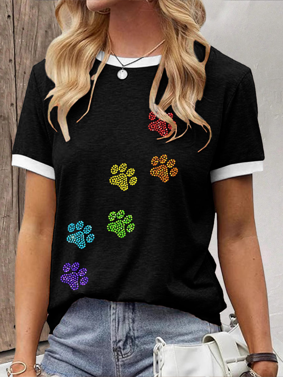 T-shirt à imprimé patte strass coloré pour femmes